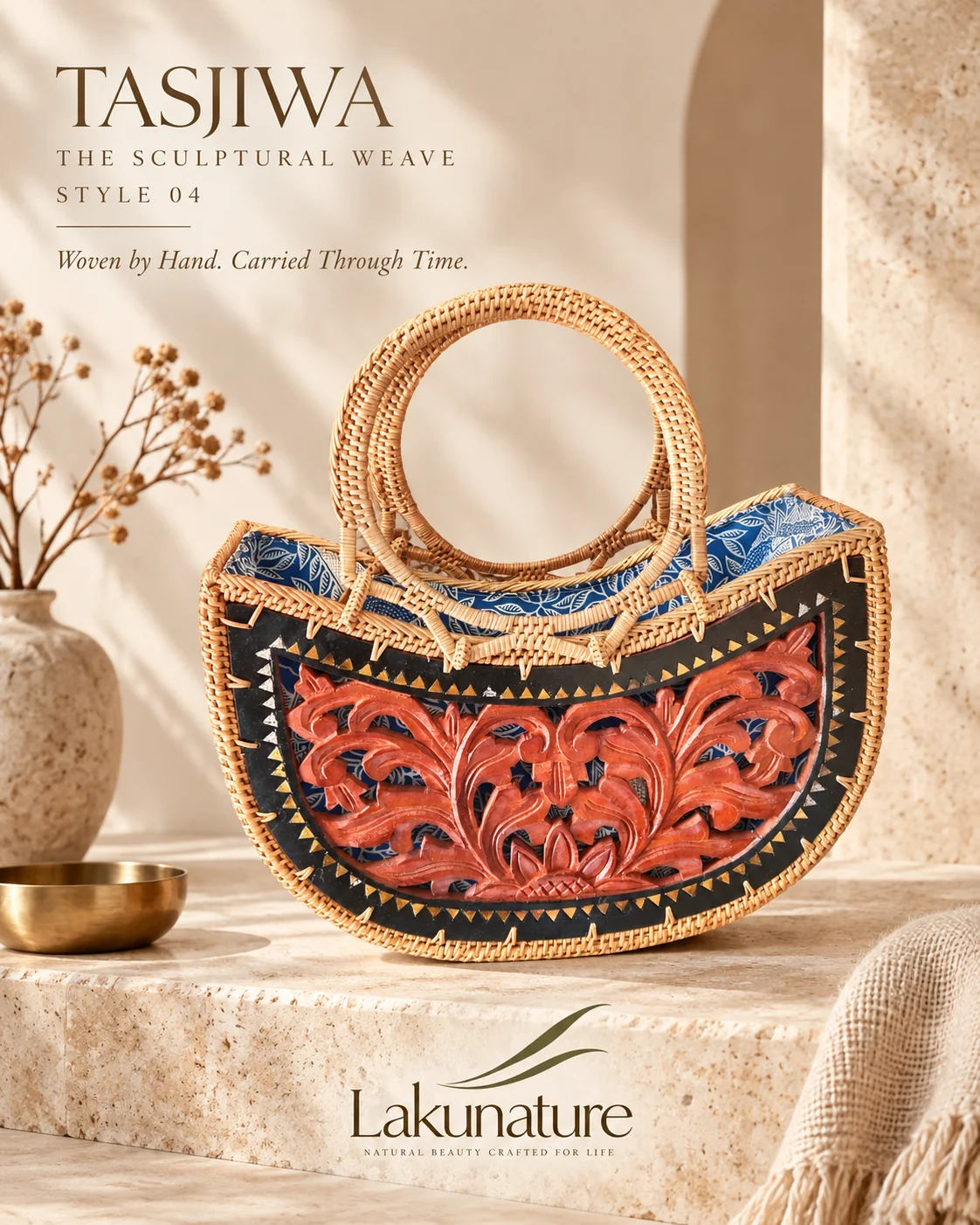 Sculptural Carved Crescent, tas rotan anyaman tangan LakuNature
