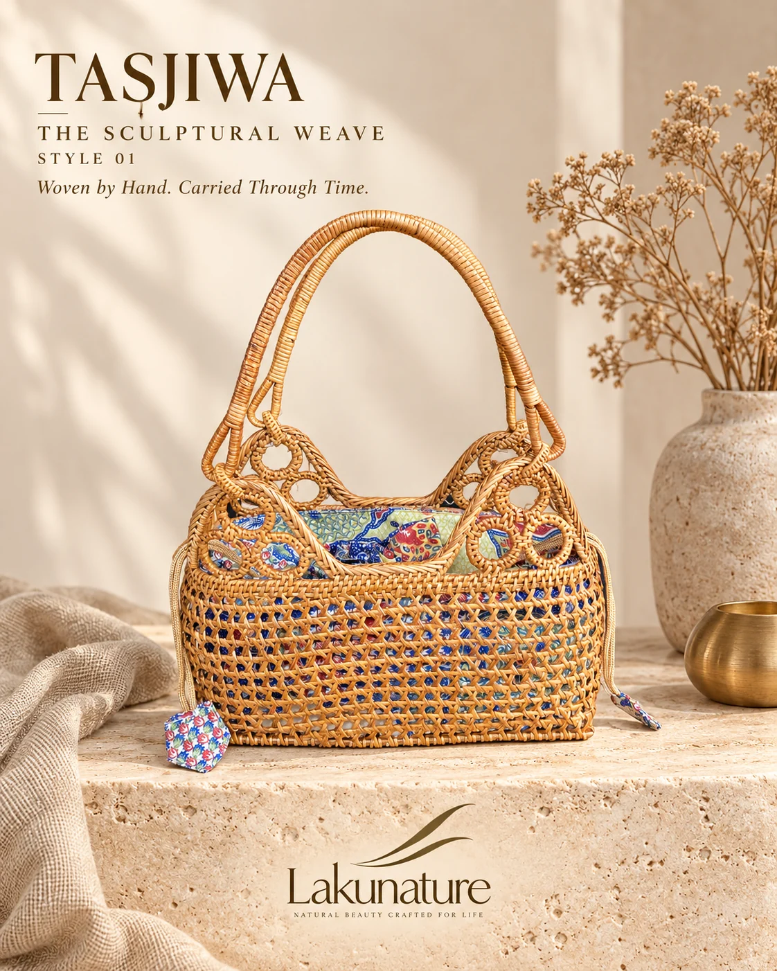 Sculptural Lattice Loop, tas rotan anyaman tangan LakuNature