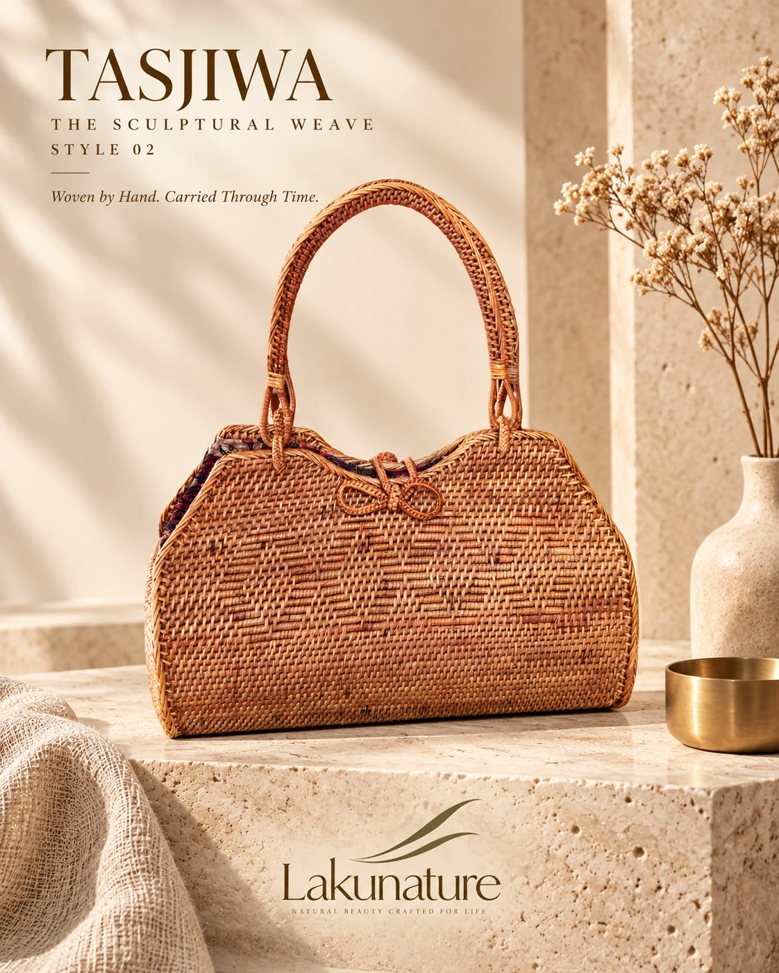 Sculptural Relief Bowler, tas rotan anyaman tangan LakuNature