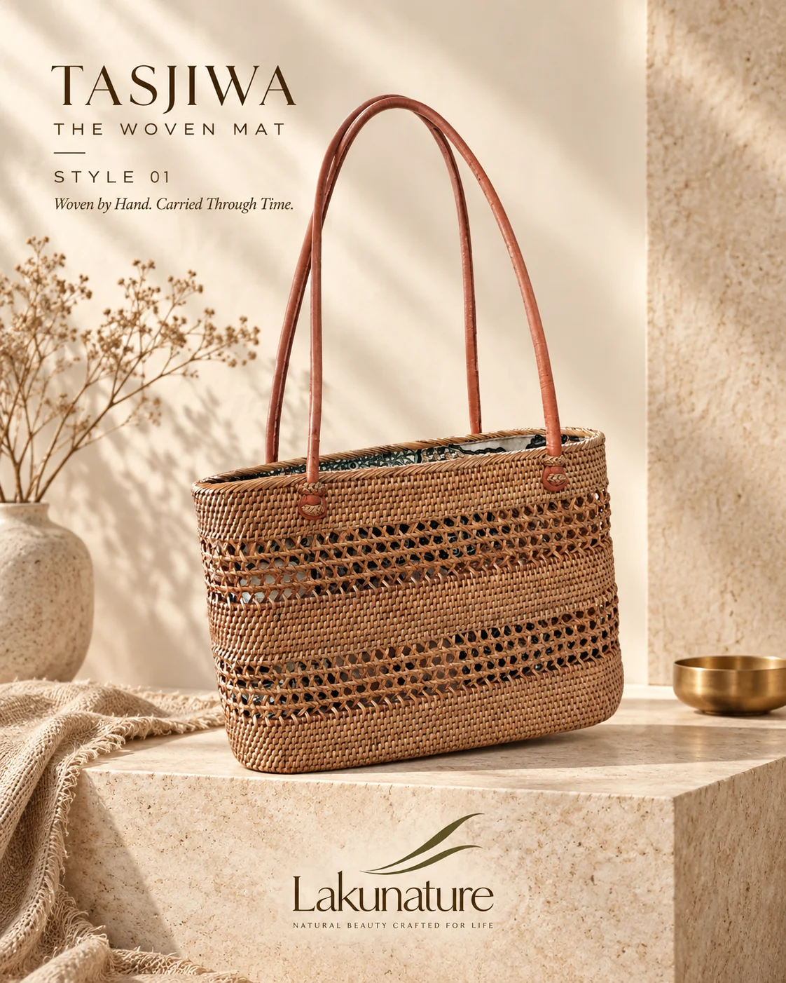 Woven Stripe Tote handwoven rattan bag by LakuNature